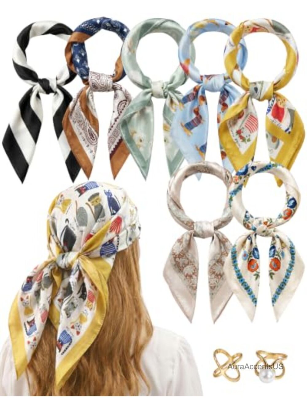 7 Pcs Satin Square Scarf Set for Women, 70cm, with 2 Rings